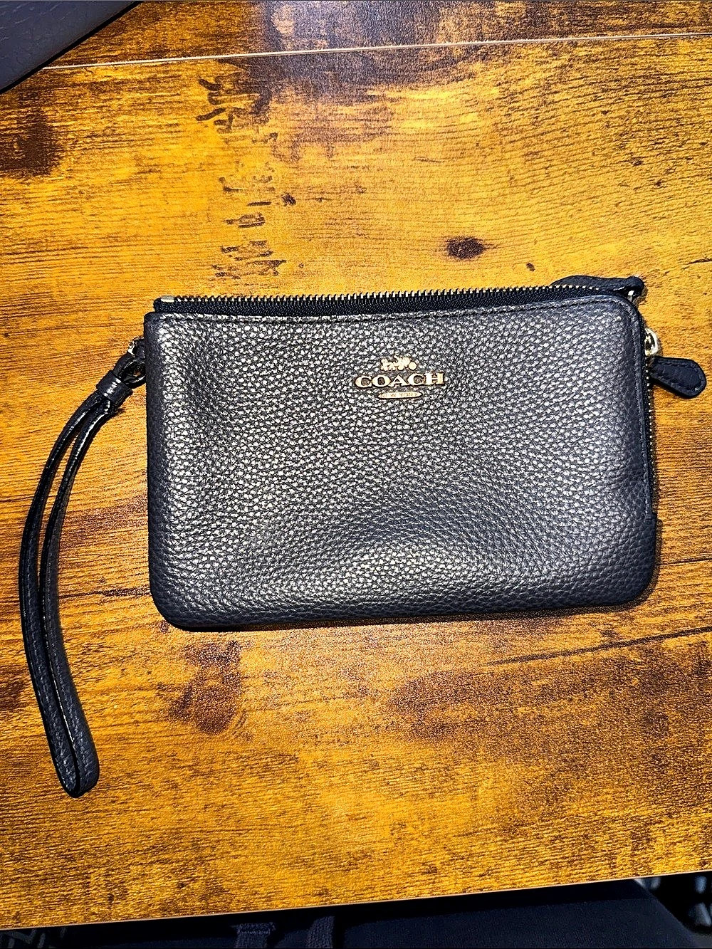 Coach Double Zip Small Wristlet in Pebbled Leather Black